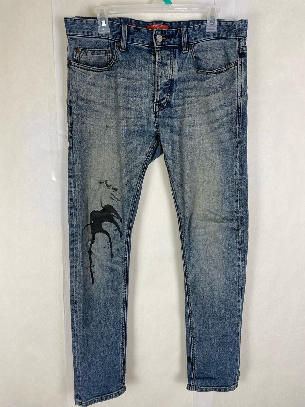 Topman stretch skinny fit Oil Splatter faded blue jeans Size 32 Streetwear Retro